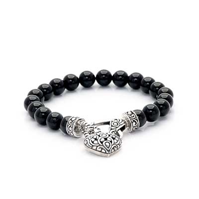Silver bead bracelet, bali lobster clasp. Onyx round bead 8 mm with heart bali charm