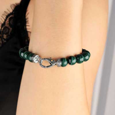  Silver bead bracelet, bali lobster clasp. Green Malacite round bead 10mm.