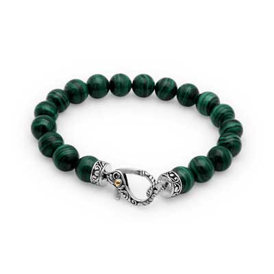  Silver bead bracelet, bali lobster clasp. Green Malacite round bead 10mm.