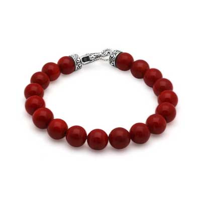  Silver bead bracelet, bali lobster clasp. Red Coral round bead 10mm.