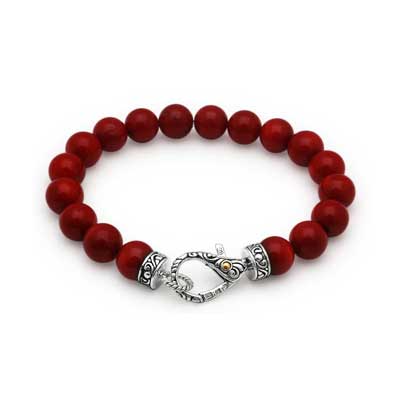  Silver bead bracelet, bali lobster clasp. Red Coral round bead 10mm.