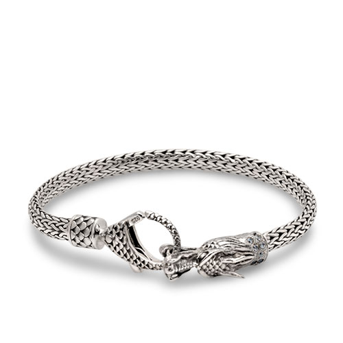Gold & Silver bracelet, scale dragon chain round 6mm, spring lock with 18K gold hammer motif and white topaz pave stones