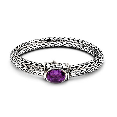 Silver Baby bracelet with Amethyst, dragon motif. Chain oval tulang naga 4x6