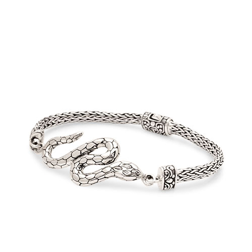 Silver biting snake bracelet with tulang naga chain, Emerald stone eyes