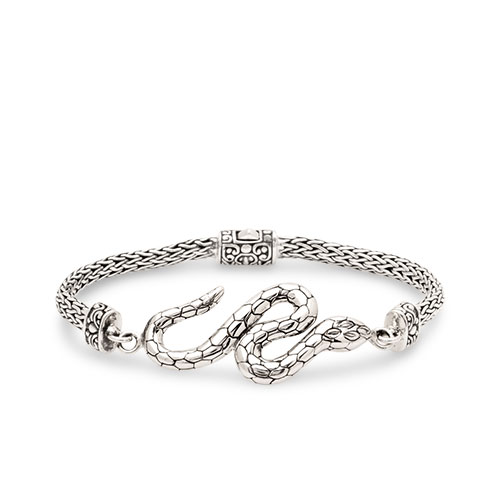 Silver biting snake bracelet with tulang naga chain, Emerald stone eyes