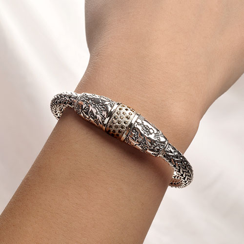 Gold & Silver bracelet, scale dragon chain round 6mm, spring lock with 18K gold hammer motif and white topaz pave stones