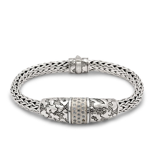 Gold & Silver bracelet, scale dragon chain round 6mm, spring lock with 18K gold hammer motif and white topaz pave stones