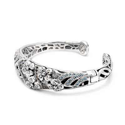 Gold & Silver bracelet, scale dragon chain round 6mm, spring lock with 18K gold hammer motif and white topaz pave stones