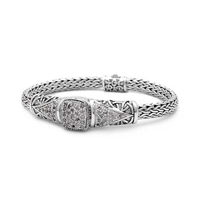 Gold & Silver bracelet, scale dragon chain round 6mm, spring lock with 18K gold hammer motif and white topaz pave stones