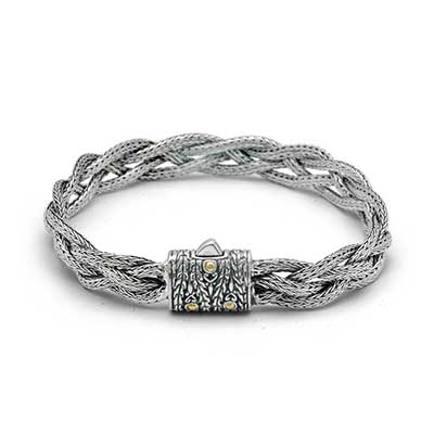 Gold & Silver bracelet, scale dragon chain round 6mm, spring lock with 18K gold hammer motif and white topaz pave stones