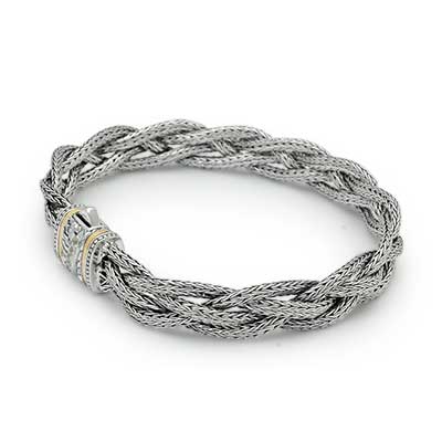 Gold & Silver bracelet, scale dragon chain round 6mm, spring lock with 18K gold hammer motif and white topaz pave stones