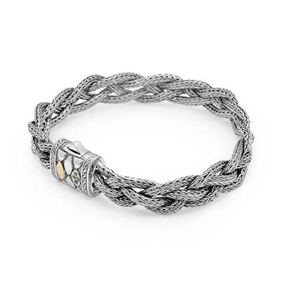Gold & Silver bracelet, scale dragon chain round 6mm, spring lock with 18K gold hammer motif and white topaz pave stones