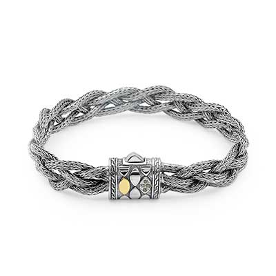 Gold & Silver bracelet, scale dragon chain round 6mm, spring lock with 18K gold hammer motif and white topaz pave stones