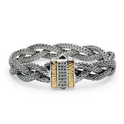 Gold & Silver bracelet, scale dragon chain round 6mm, spring lock with 18K gold hammer motif and white topaz pave stones