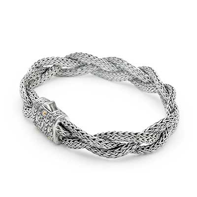 Gold & Silver bracelet, scale dragon chain round 6mm, spring lock with 18K gold hammer motif and white topaz pave stones