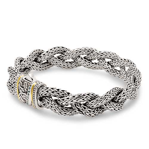 Gold & Silver bracelet, scale dragon chain round 6mm, spring lock with 18K gold hammer motif and white topaz pave stones