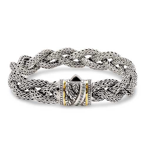 Gold & Silver bracelet, scale dragon chain round 6mm, spring lock with 18K gold hammer motif and white topaz pave stones