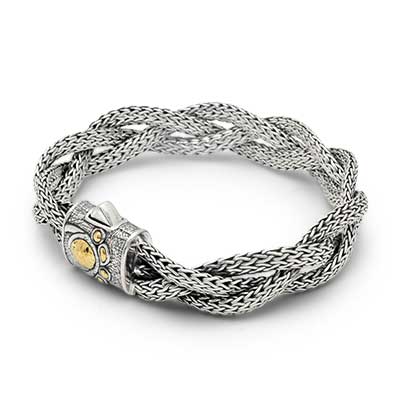 Gold & Silver bracelet, scale dragon chain round 6mm, spring lock with 18K gold hammer motif and white topaz pave stones