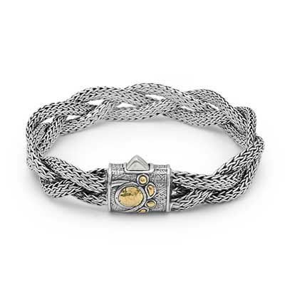Gold & Silver bracelet, scale dragon chain round 6mm, spring lock with 18K gold hammer motif and white topaz pave stones