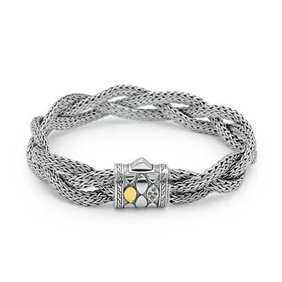 Gold & Silver bracelet, scale dragon chain round 6mm, spring lock with 18K gold hammer motif and white topaz pave stones