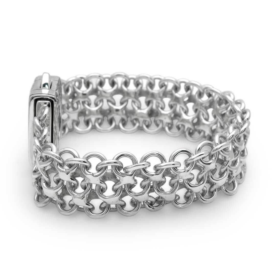 Gold & Silver bracelet, scale dragon chain round 6mm, spring lock with 18K gold hammer motif and white topaz pave stones