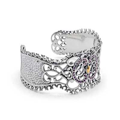 Gold & Silver bracelet, scale dragon chain round 6mm, spring lock with 18K gold hammer motif and white topaz pave stones