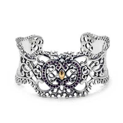 Gold & Silver bracelet, scale dragon chain round 6mm, spring lock with 18K gold hammer motif and white topaz pave stones