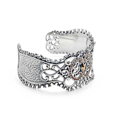 Gold & Silver bracelet, scale dragon chain round 6mm, spring lock with 18K gold hammer motif and white topaz pave stones