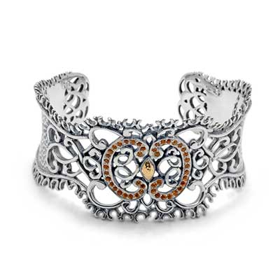 Gold & Silver bracelet, scale dragon chain round 6mm, spring lock with 18K gold hammer motif and white topaz pave stones