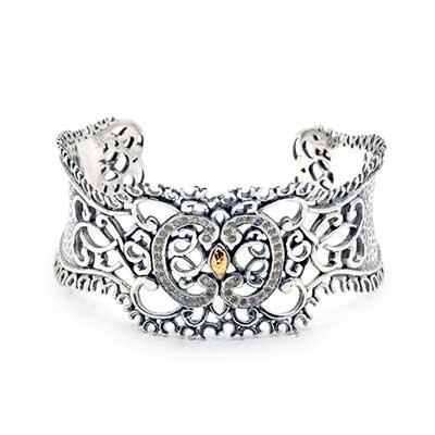 Gold & Silver bracelet, scale dragon chain round 6mm, spring lock with 18K gold hammer motif and white topaz pave stones