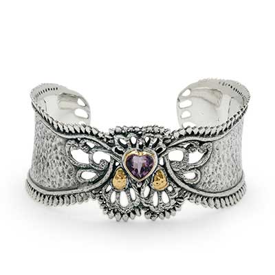 Gold & Silver bracelet, scale dragon chain round 6mm, spring lock with 18K gold hammer motif and white topaz pave stones