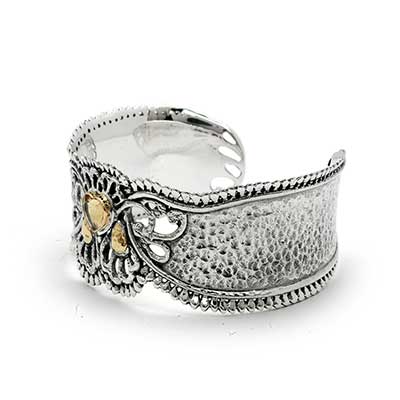 Gold & Silver bracelet, scale dragon chain round 6mm, spring lock with 18K gold hammer motif and white topaz pave stones