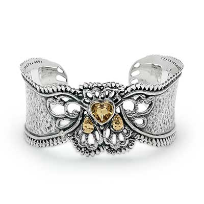 Gold & Silver bracelet, scale dragon chain round 6mm, spring lock with 18K gold hammer motif and white topaz pave stones