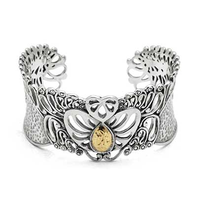 Gold & Silver bracelet, scale dragon chain round 6mm, spring lock with 18K gold hammer motif and white topaz pave stones