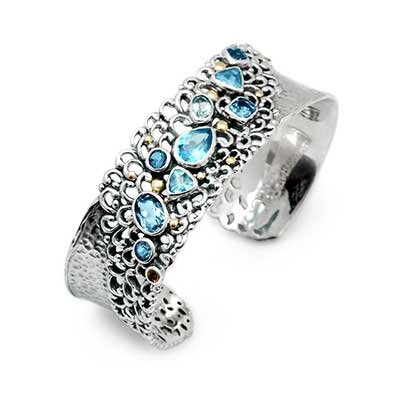 Gold & Silver bracelet, scale dragon chain round 6mm, spring lock with 18K gold hammer motif and white topaz pave stones