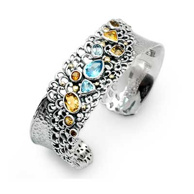 Gold & Silver bracelet, scale dragon chain round 6mm, spring lock with 18K gold hammer motif and white topaz pave stones