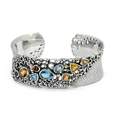 Gold & Silver bracelet, scale dragon chain round 6mm, spring lock with 18K gold hammer motif and white topaz pave stones