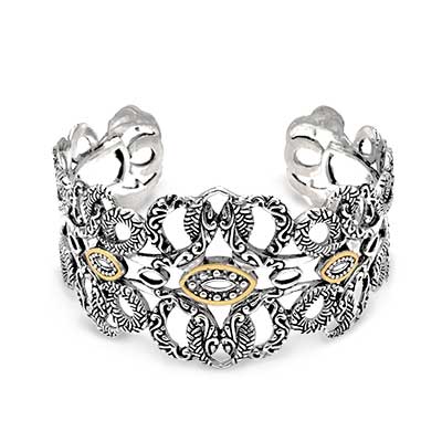 Gold & Silver bracelet, scale dragon chain round 6mm, spring lock with 18K gold hammer motif and white topaz pave stones