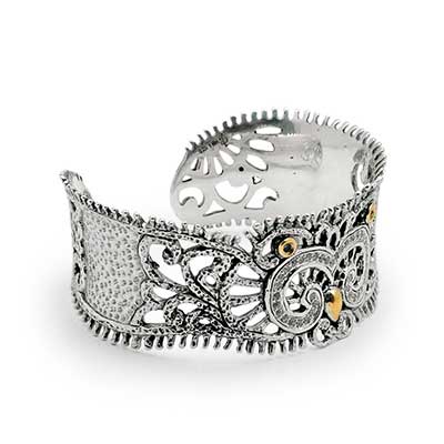 Gold & Silver bracelet, scale dragon chain round 6mm, spring lock with 18K gold hammer motif and white topaz pave stones