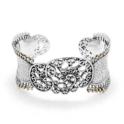 Gold & Silver bracelet, scale dragon chain round 6mm, spring lock with 18K gold hammer motif and white topaz pave stones