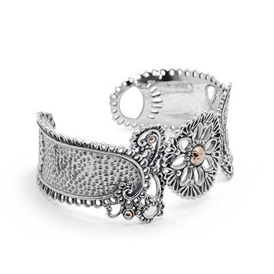 Gold & Silver bracelet, scale dragon chain round 6mm, spring lock with 18K gold hammer motif and white topaz pave stones