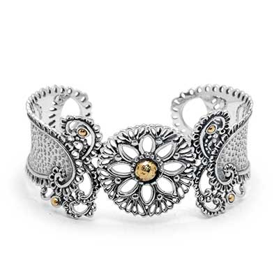 Gold & Silver bracelet, scale dragon chain round 6mm, spring lock with 18K gold hammer motif and white topaz pave stones