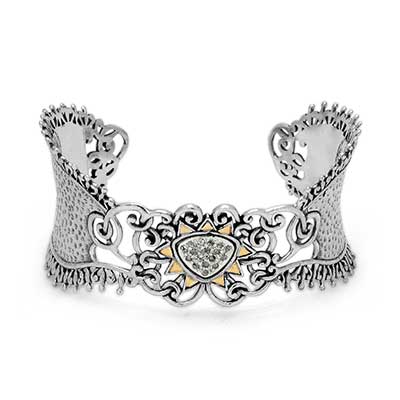 Gold & Silver bracelet, scale dragon chain round 6mm, spring lock with 18K gold hammer motif and white topaz pave stones