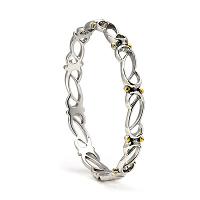 Gold & Silver bracelet, scale dragon chain round 6mm, spring lock with 18K gold hammer motif and white topaz pave stones