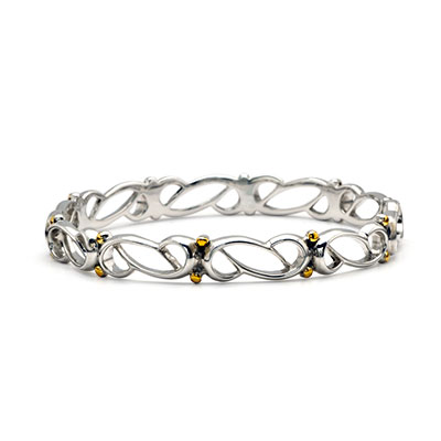 Gold & Silver bracelet, scale dragon chain round 6mm, spring lock with 18K gold hammer motif and white topaz pave stones