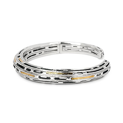 Gold & Silver bracelet, scale dragon chain round 6mm, spring lock with 18K gold hammer motif and white topaz pave stones