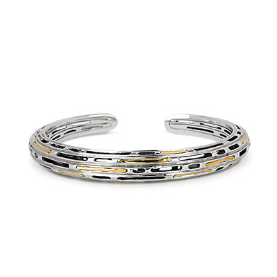 Gold & Silver bracelet, scale dragon chain round 6mm, spring lock with 18K gold hammer motif and white topaz pave stones