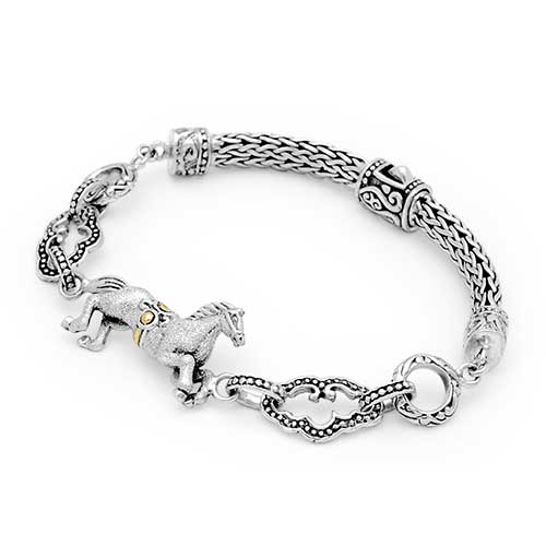 Gold & Silver bracelet, scale dragon chain round 6mm, spring lock with 18K gold hammer motif and white topaz pave stones