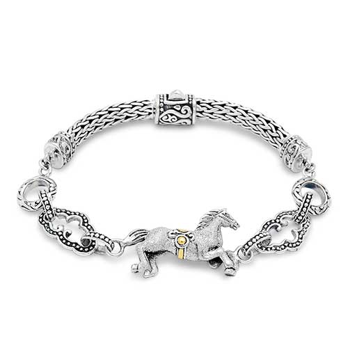 Gold & Silver bracelet, scale dragon chain round 6mm, spring lock with 18K gold hammer motif and white topaz pave stones