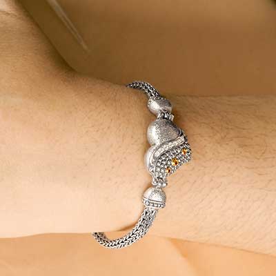 Gold & Silver bracelet, scale dragon chain round 6mm, spring lock with 18K gold hammer motif and white topaz pave stones